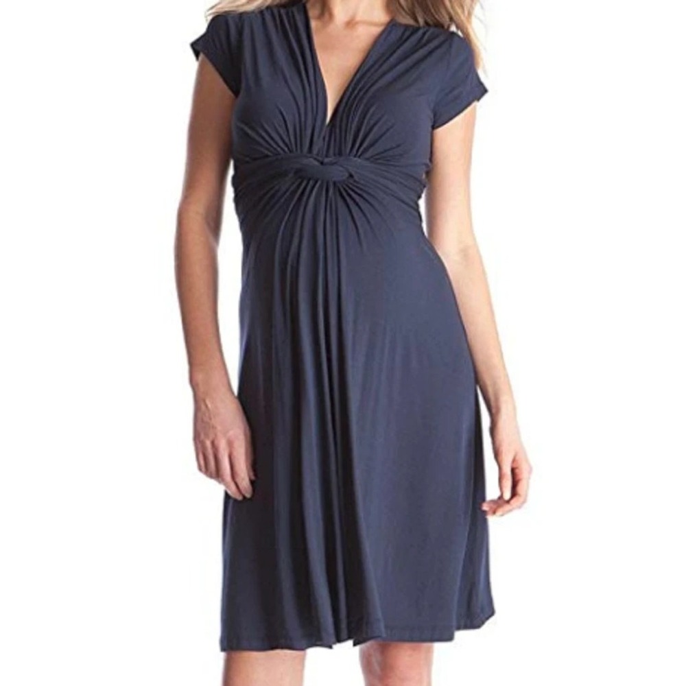 Seraphine Maternity Jolene Jersey Dress Navy Knot Front V-Neck 3/4 Sleeve Sz 10
